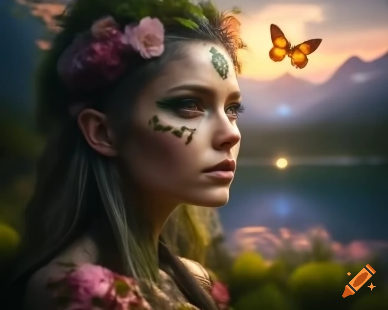 Hyperrealistic portrait of mystical Norse Celtic woman with floral hair and butterflies