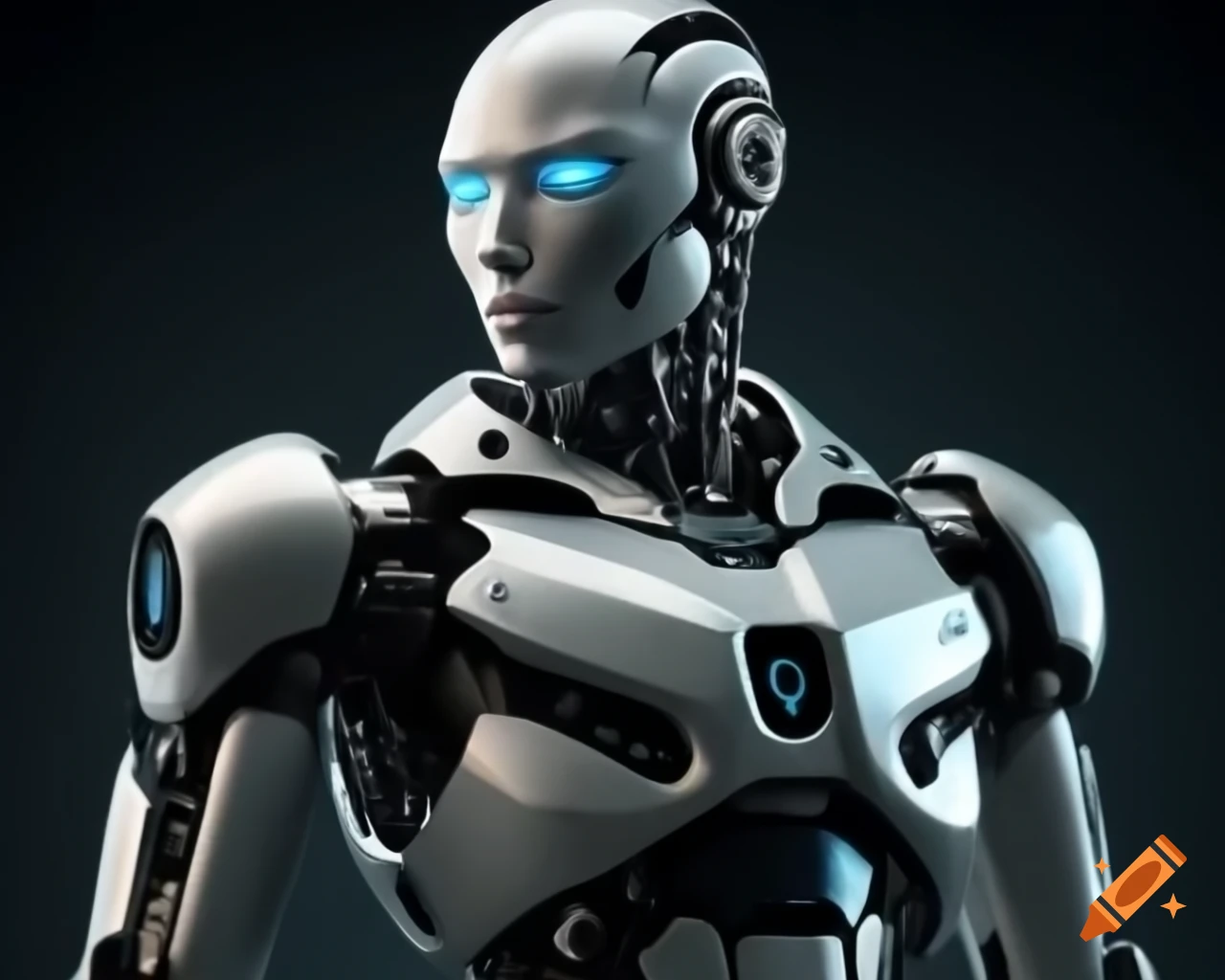 Futuristic humanoid robot with silver-gray exterior and glowing LED eyes