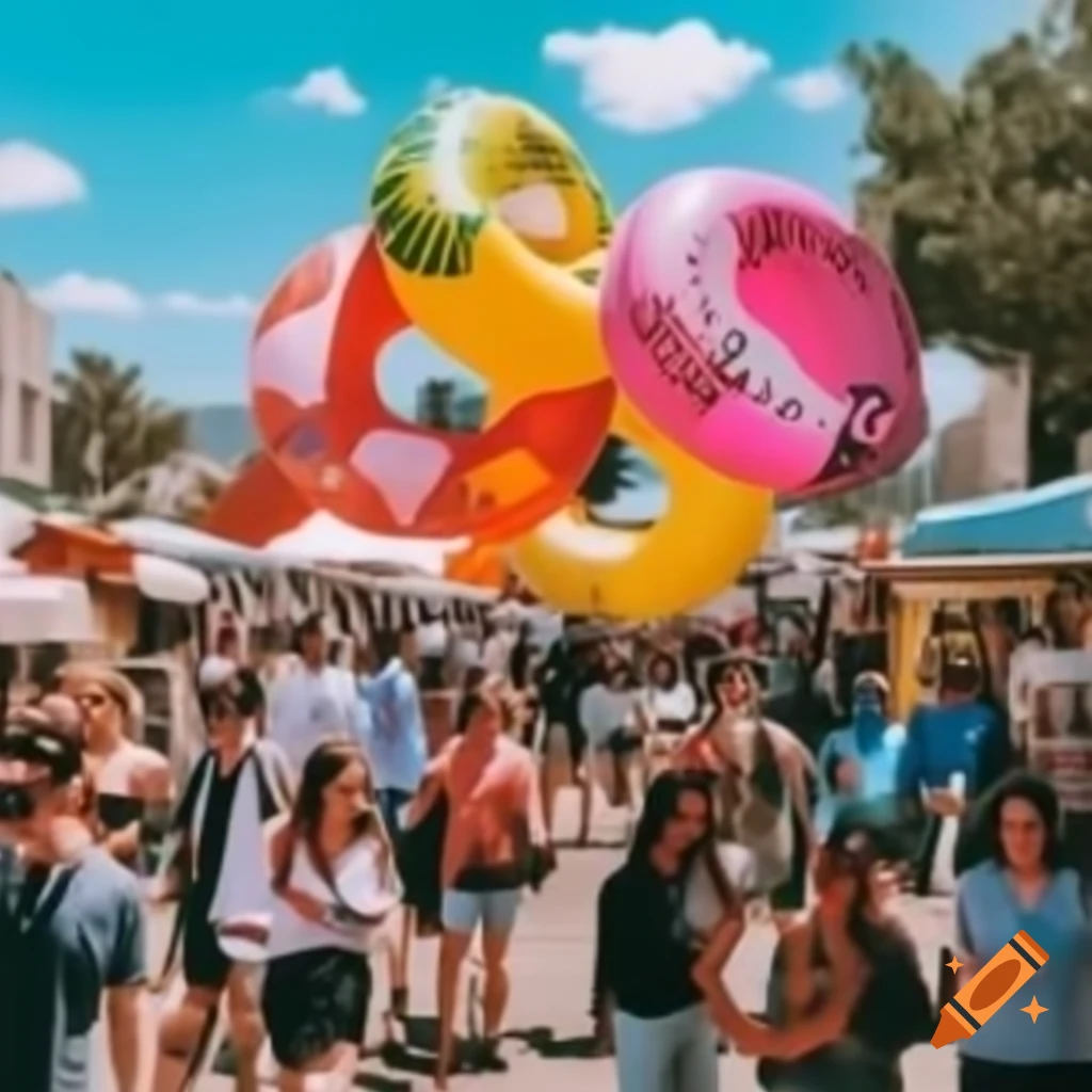 Colorful inflatable rings displayed at marketplace