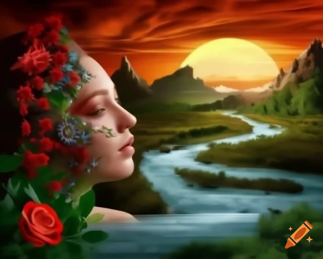 Hyper realistic portrayal of a beautiful woman with flowing golden hair in a dreamlike setting