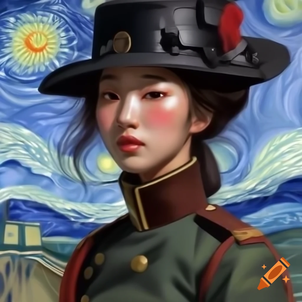 Portrait of Korean woman in military uniform, animated style with watercolor and Rembrandt elements