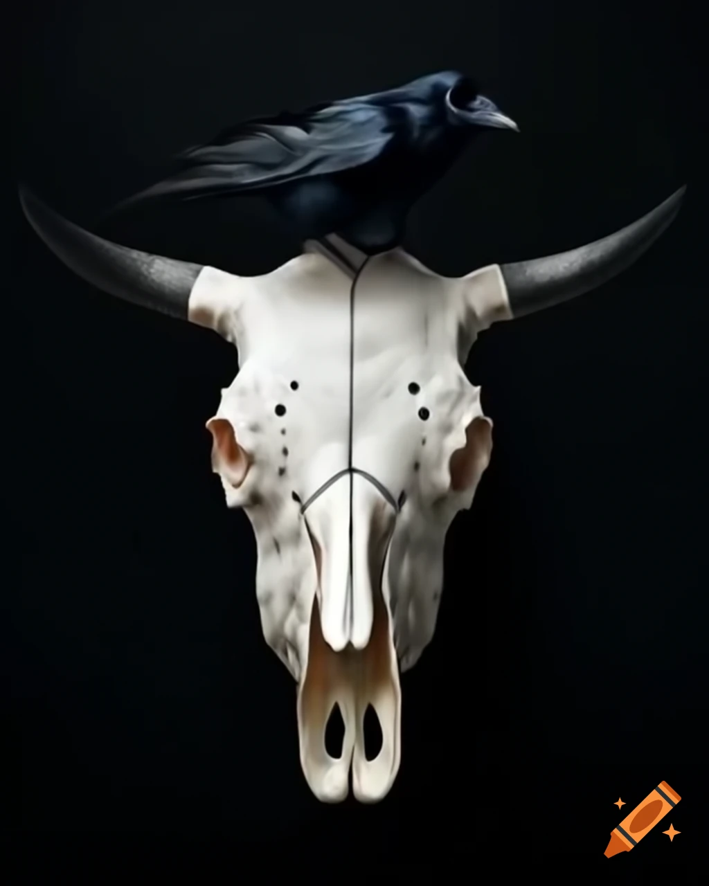Cow skull with a black crow perched on it