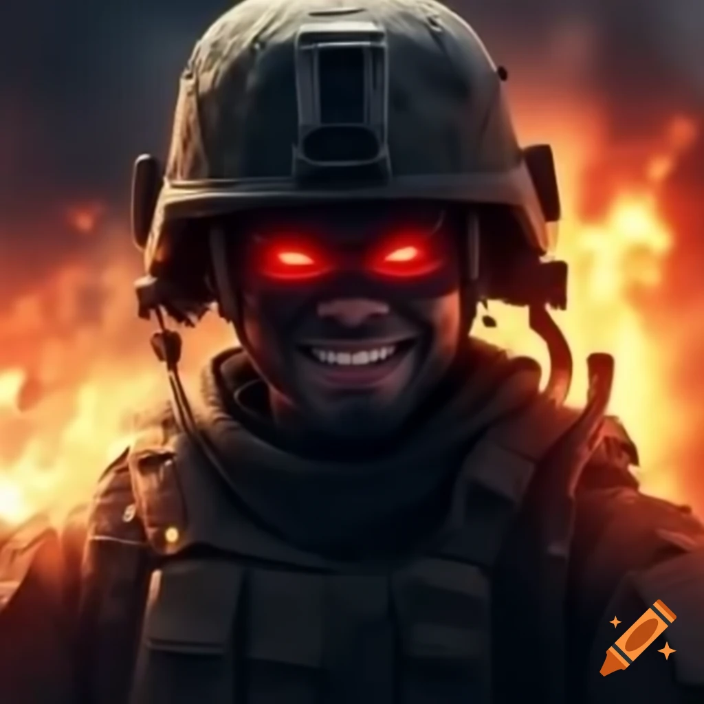 Soldier with glowing red eyes smiling amidst explosions