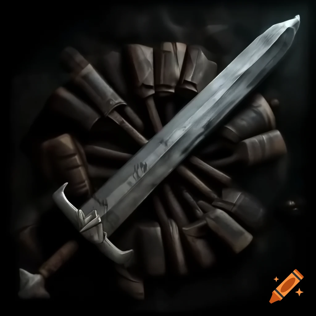 Weathered battle-worn sword with cracks and glowing runes
