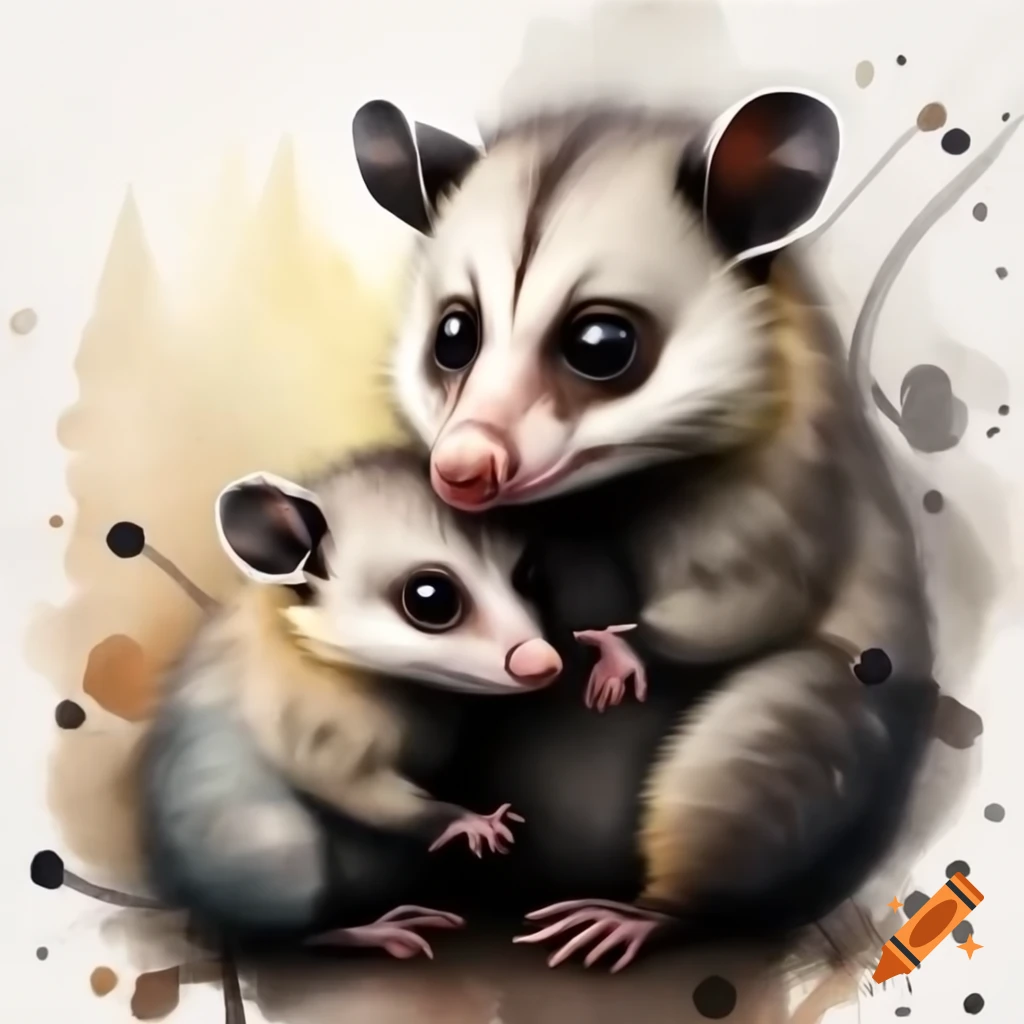 Mother possum with baby in watercolor shades, storybook style