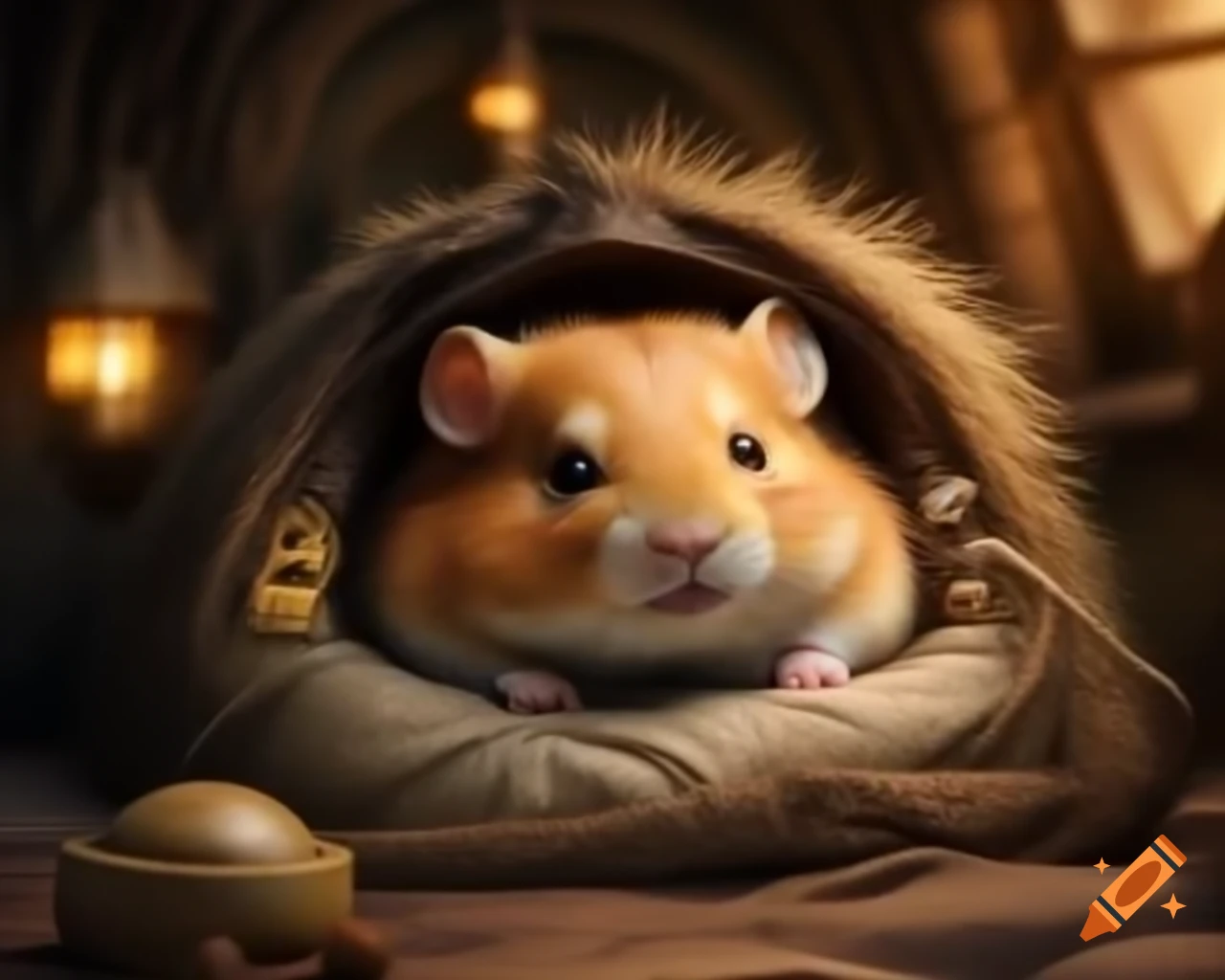 Cute hamster sleeping in a cozy hobbit-style bedroom