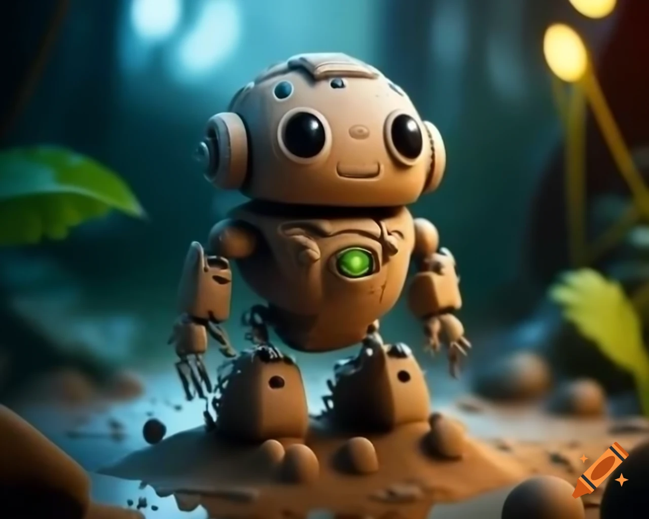 Robotic pal building sandcastle in mystical Amazonian rainforest with raindrops
