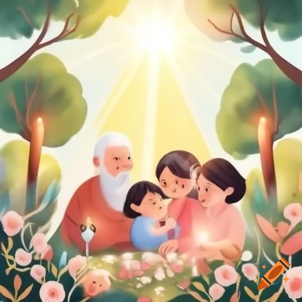Family gathered in bright memorial garden with picture of loved one