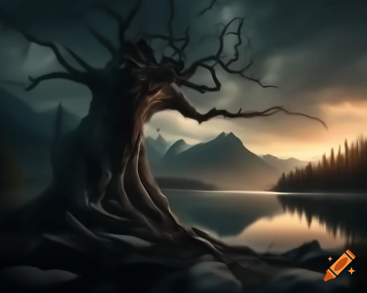 Dark fantasy tree monster in forest near mountain lake