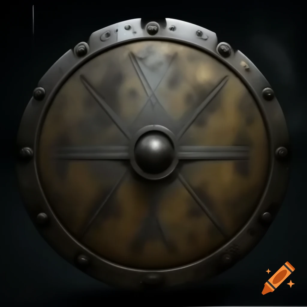 Heavily scarred dark shield with magical inscriptions and worn metal