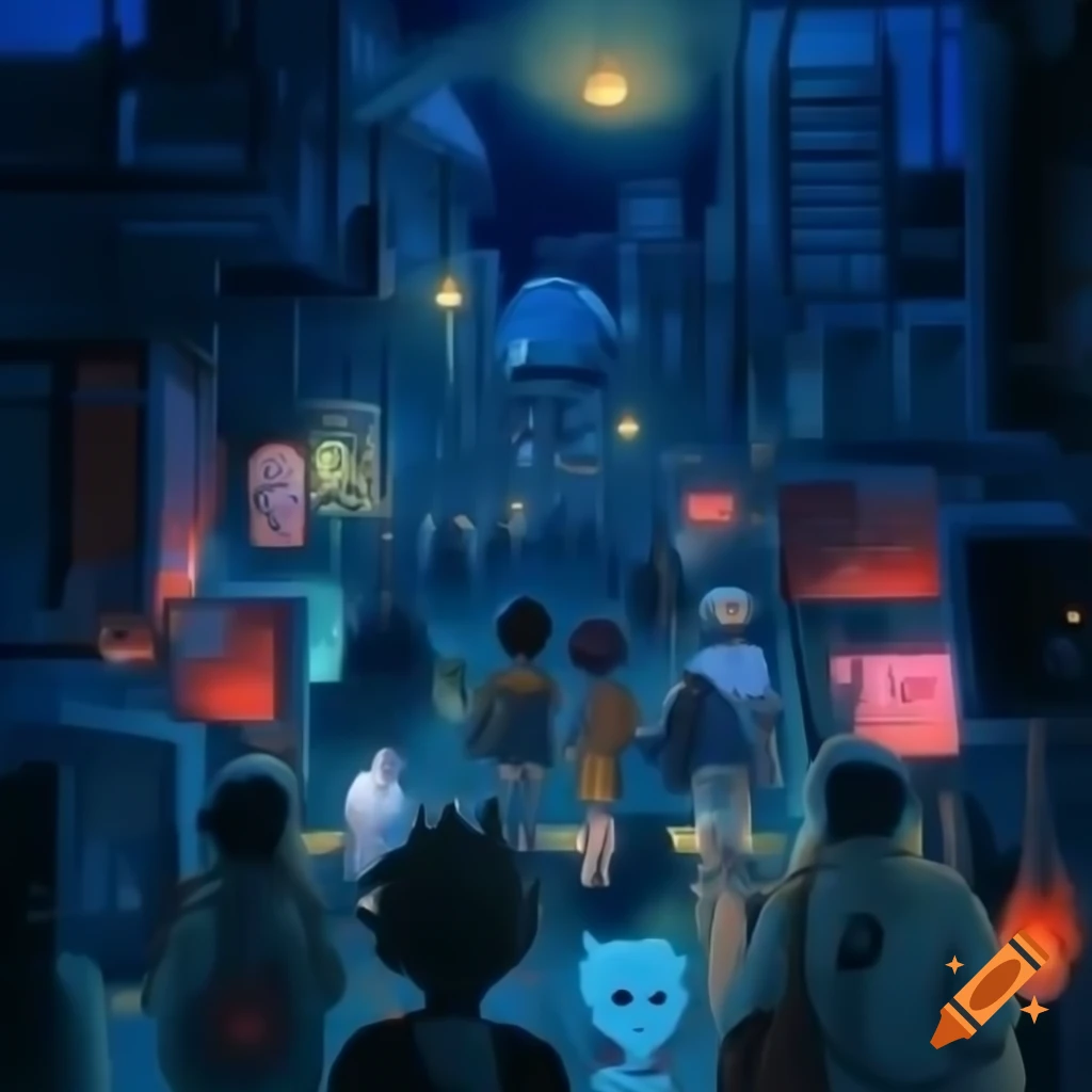 Crowded metropolis at night with Pokémon elements in anime style