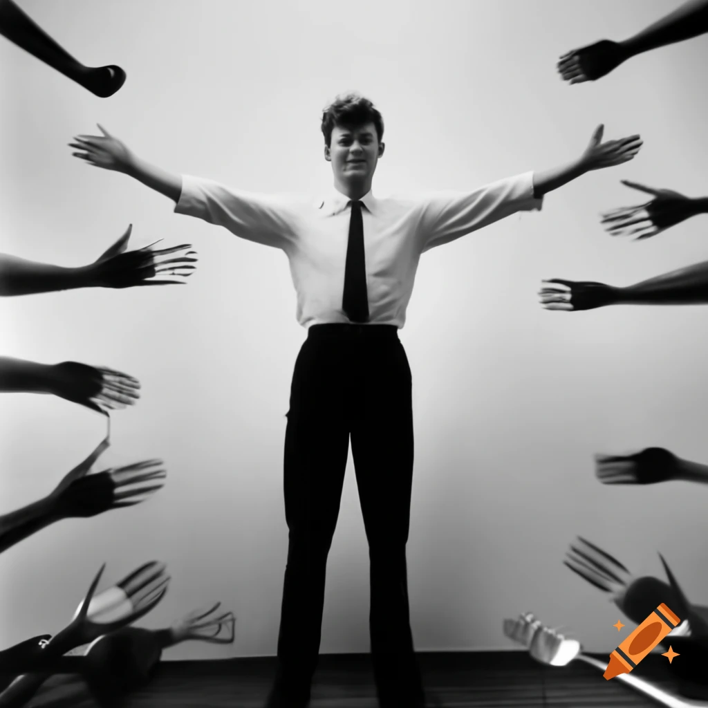John F Kennedy with arms outstretched holding forks