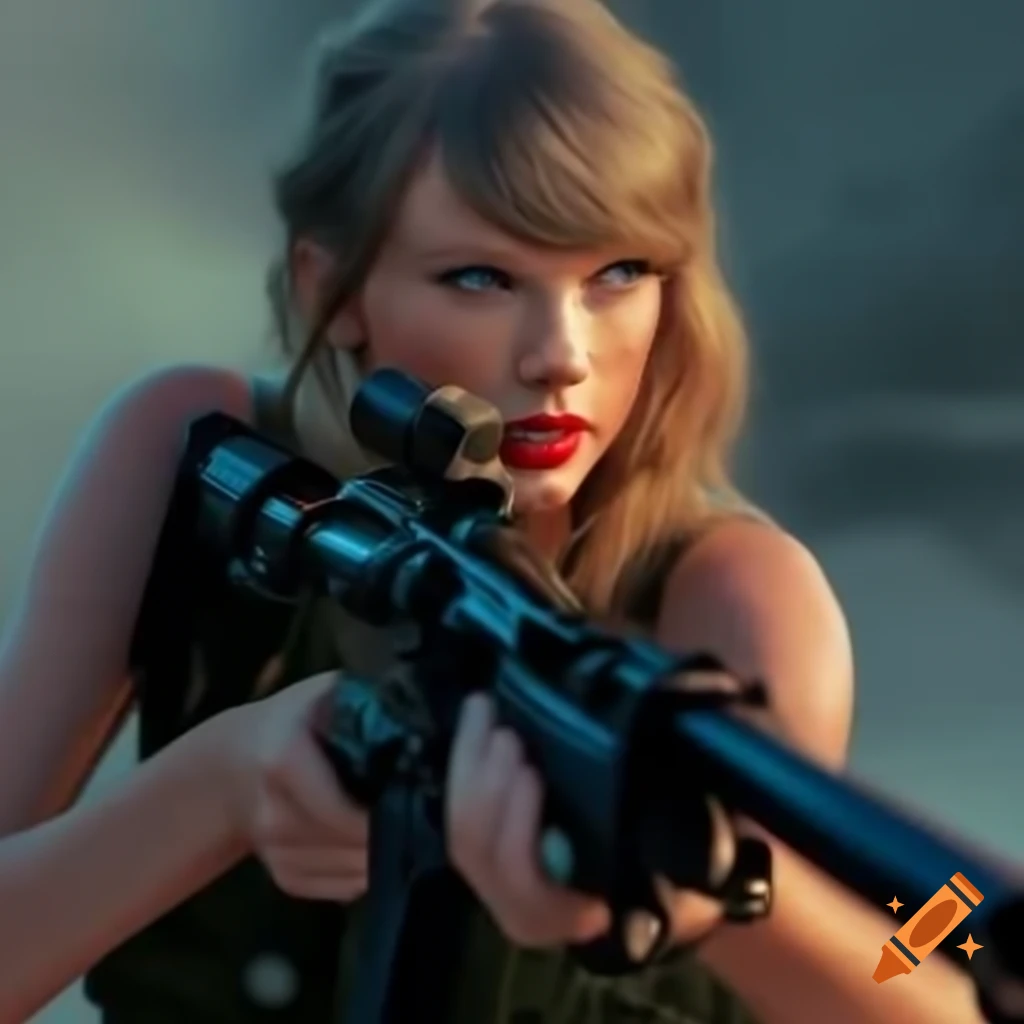 Taylor Swift holding a sniper rifle in an intense scene
