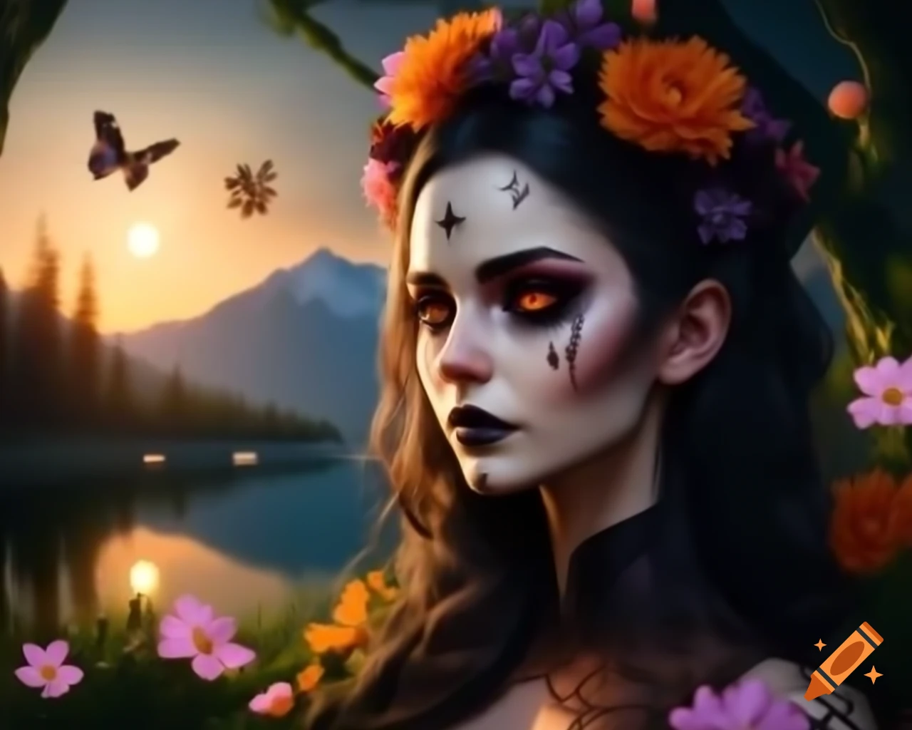 Hyperrealistic octane render of Gothic woman with flowers and butterflies in hair