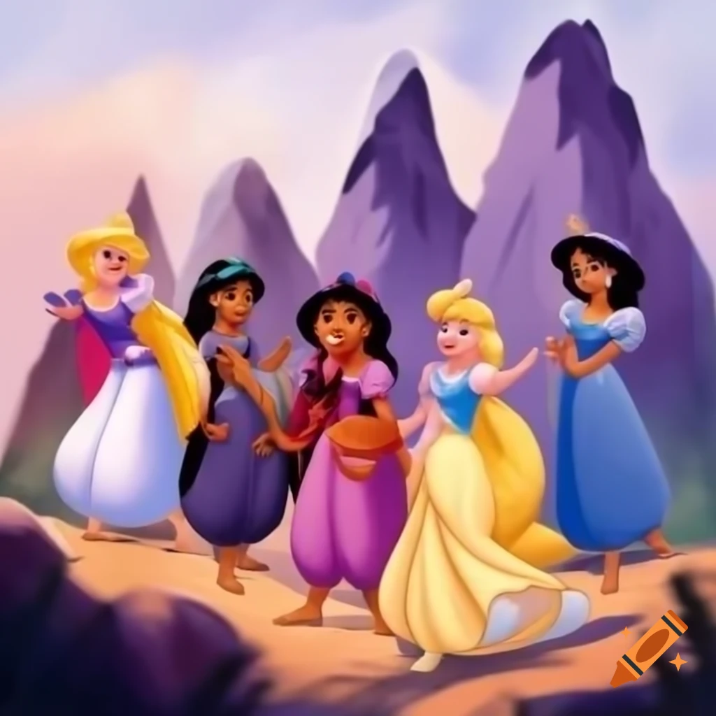 Five princesses resembling Cinderella, Rapunzel, Jasmine, Snow White, and Belle in mountain adventure