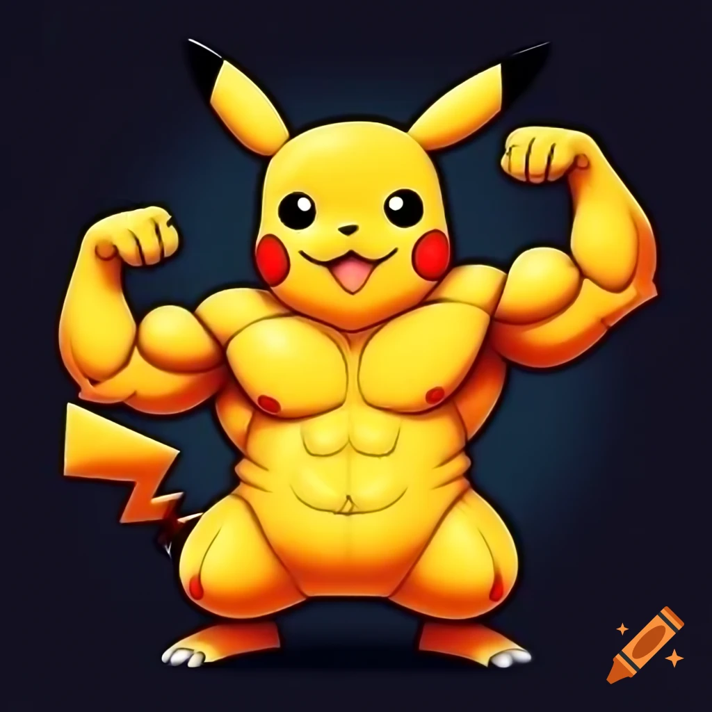 Bodybuilder Pikachu flexing with muscles in furry art style