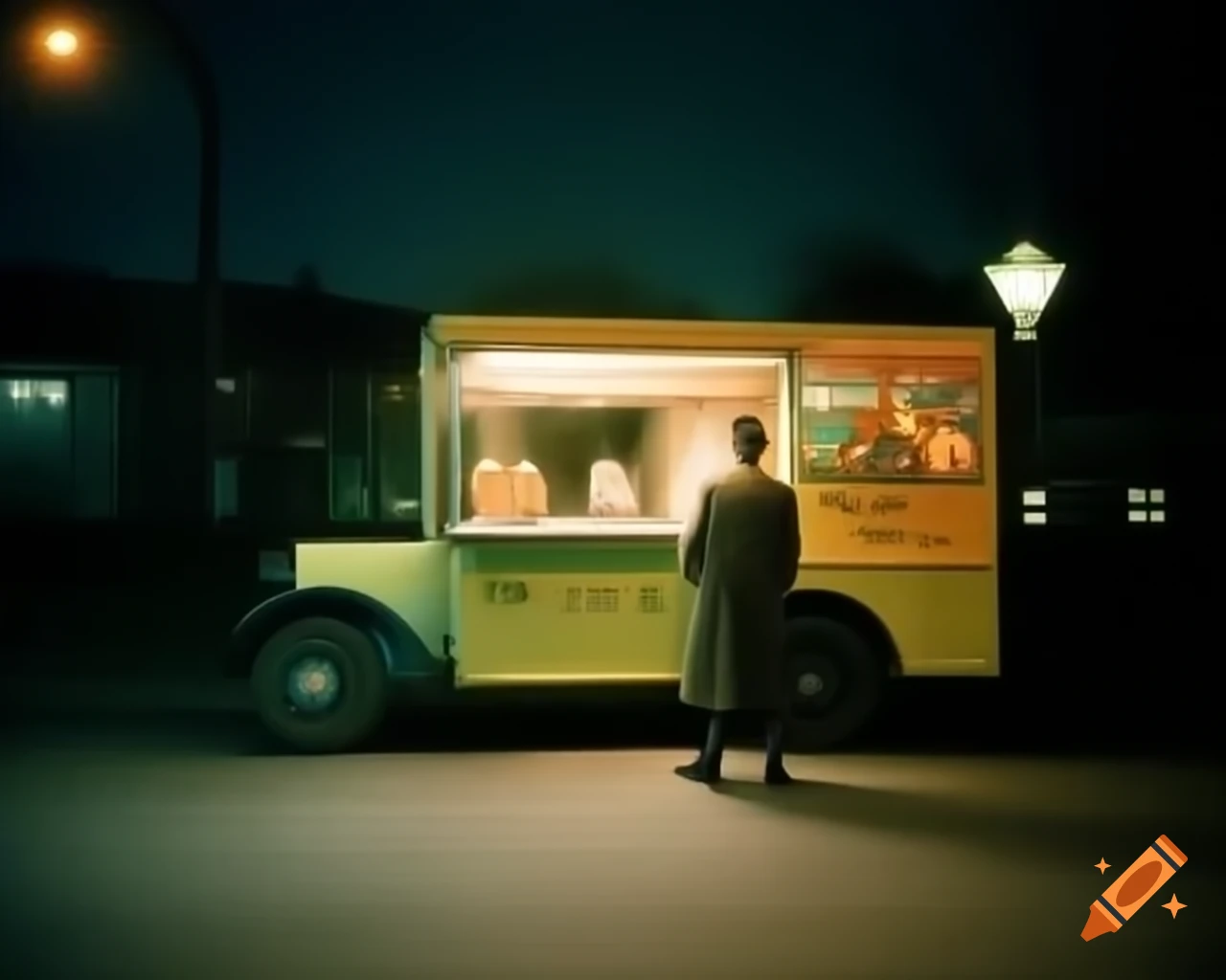 Ice cream truck driver beside truck under streetlight at night