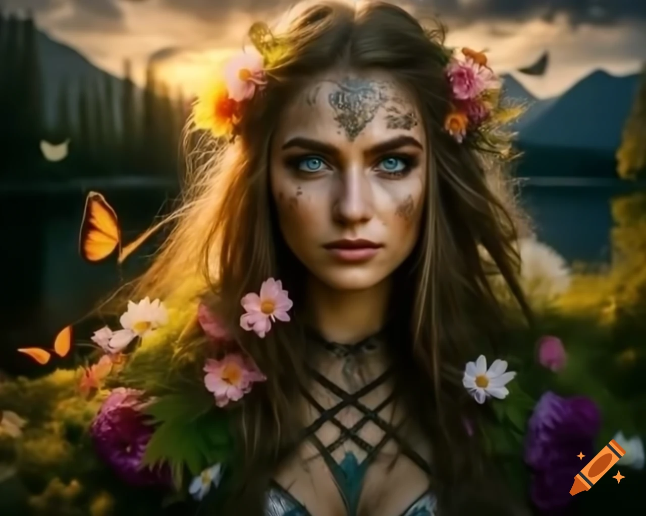 Hyperrealistic portrait of mystical Norse Celtic woman with floral hair and butterflies