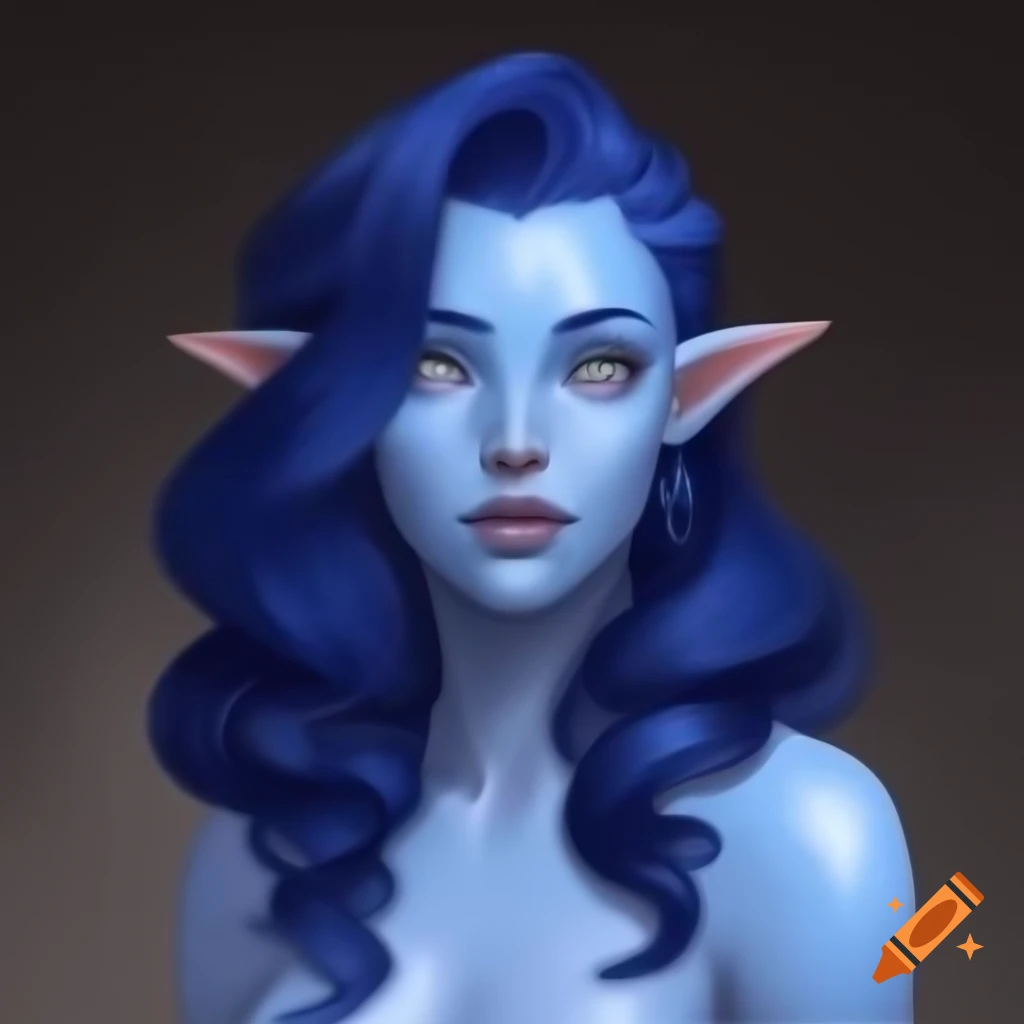 Siren-like water DnD character with pearlescent skin and navy blue wavy hair