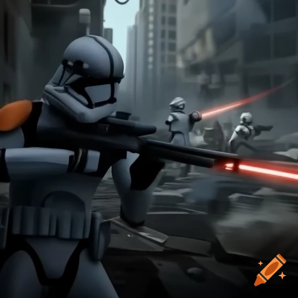 Storm troopers with laser guns shooting at a Rubik's cube in a destroyed city