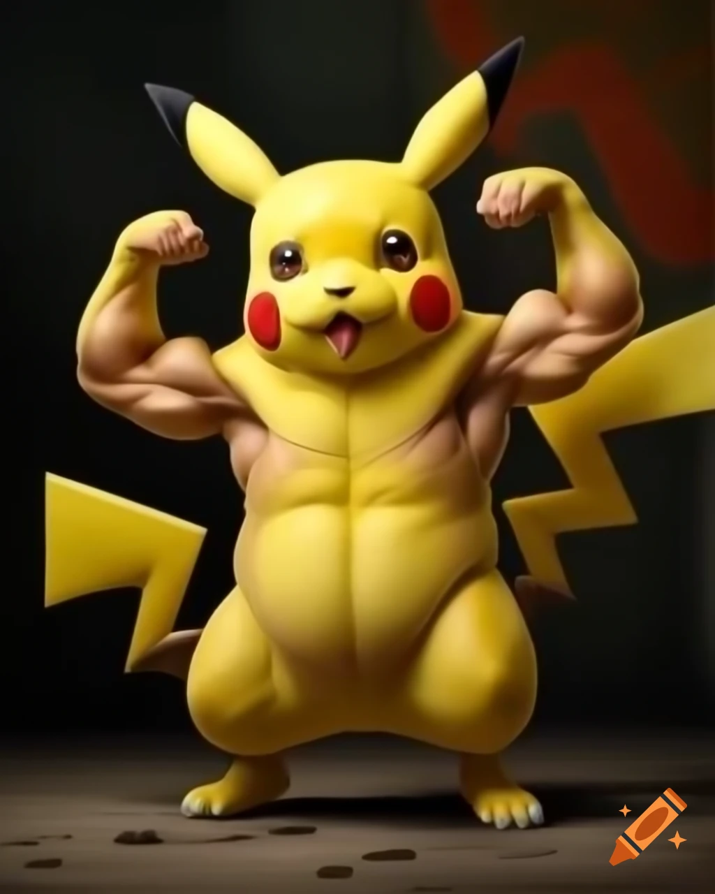 Bodybuilder Pikachu flexing muscles in full-length portrait