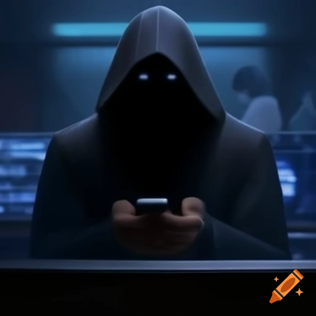 Mysterious figure in black cloak using phone in dimly lit sci-fi room
