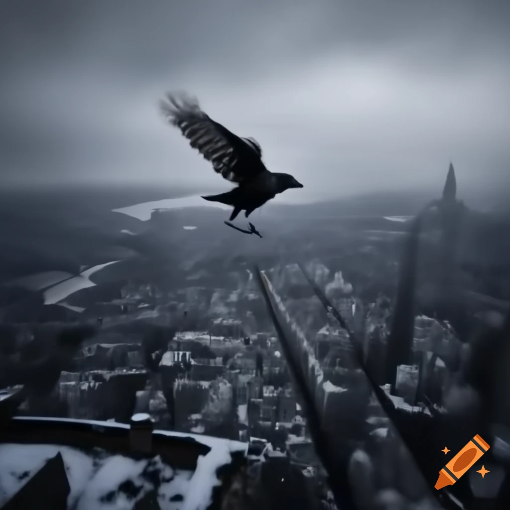 Lone crow soaring over snow-covered city in monochrome