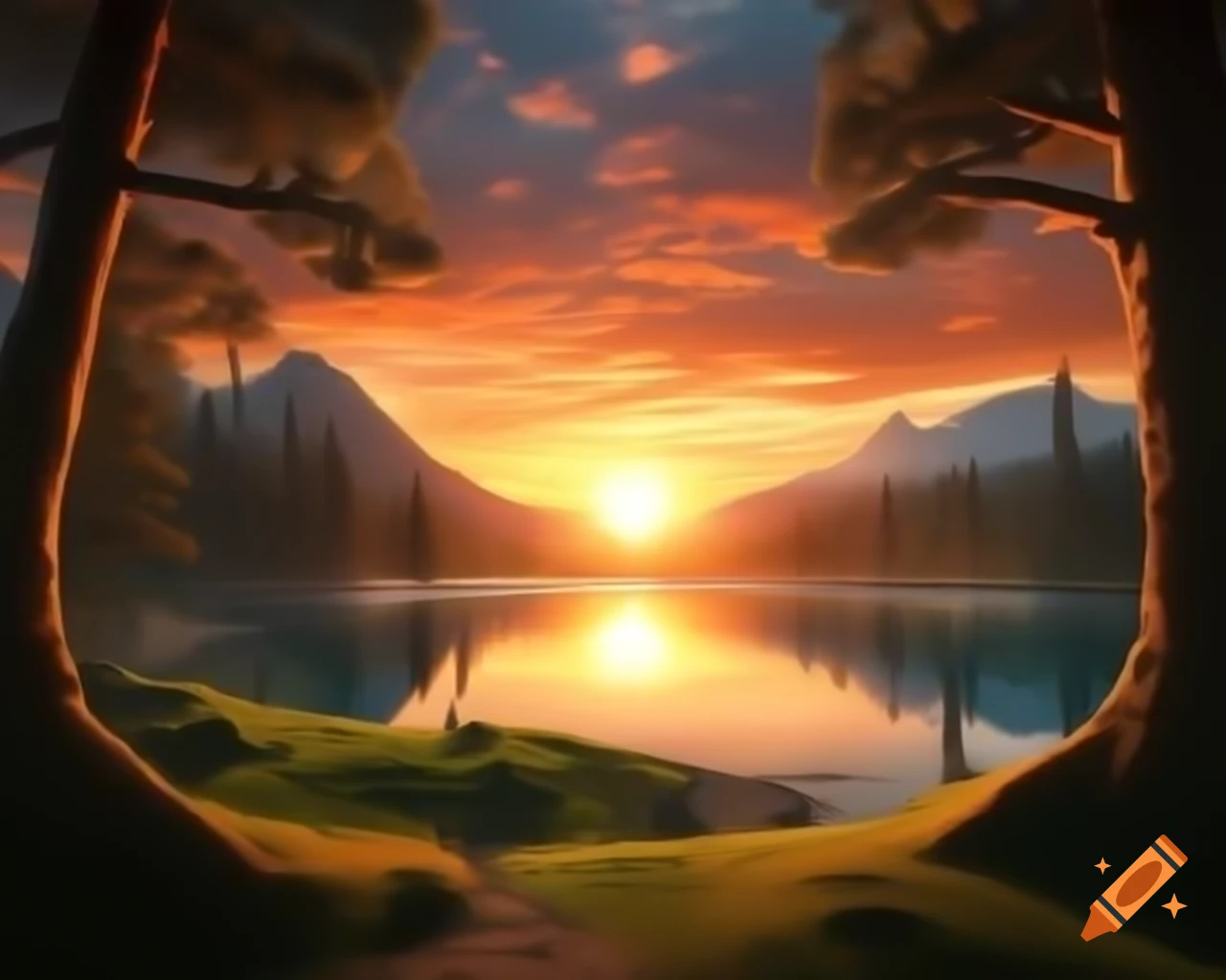 Surreal fantasy scene with orange monster in forest at sunset by lake