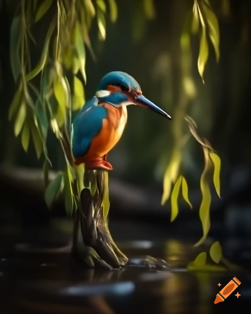 Kingfisher on willow branches above stream in warm morning light