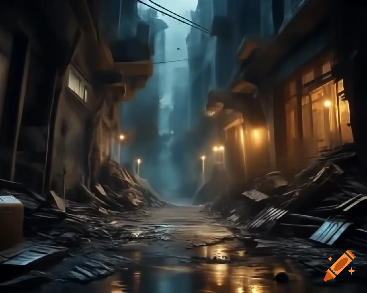 Ruined dystopian steampunk alleyway at night with tall buildings