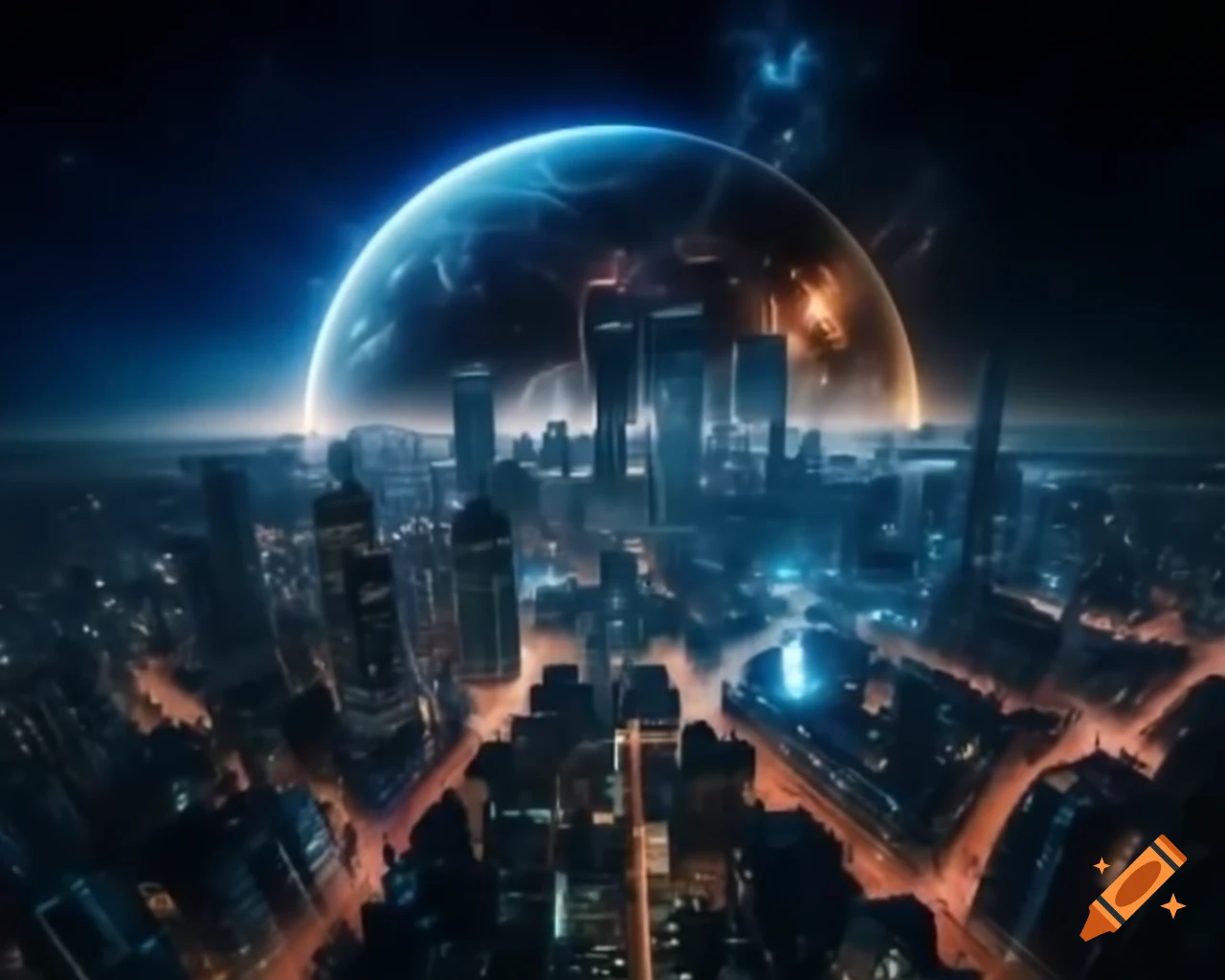 Futuristic city with shining metal buildings rising into the sky