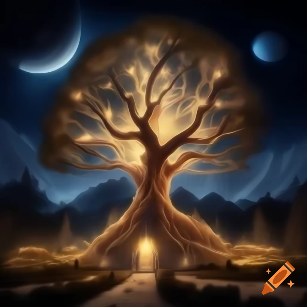Giant luminescent crystal tree sanctuary for elves during important astronomical events
