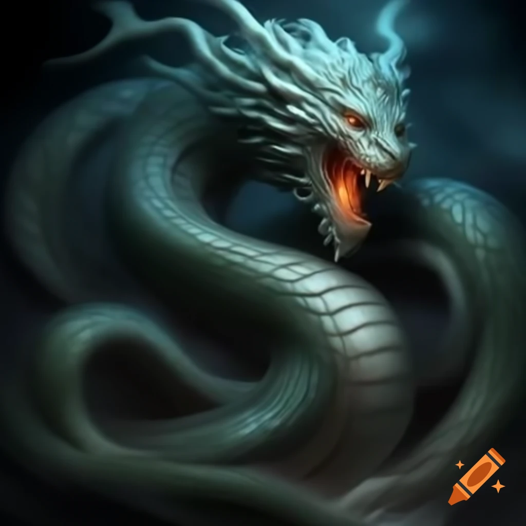 Spectral serpent with ethereal light emerging from shadows in moonlit realm