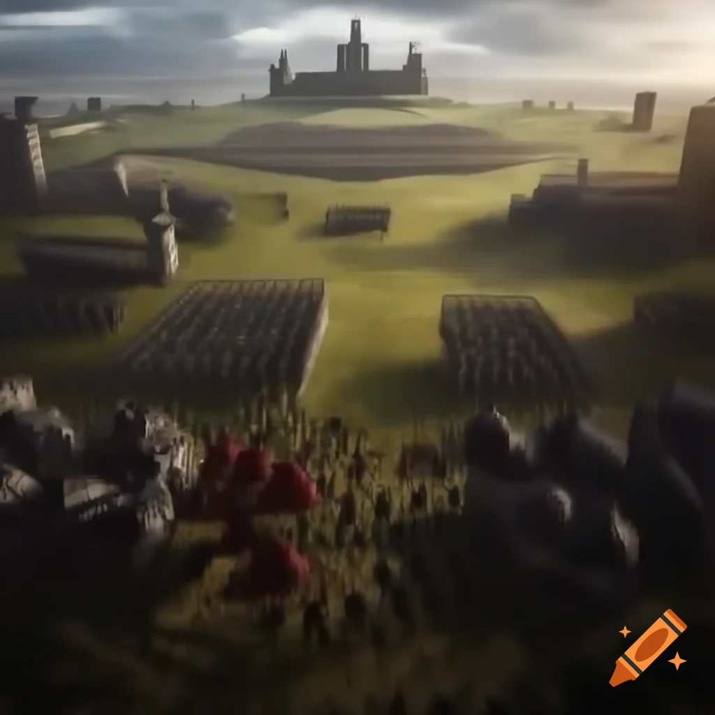 Aerial view of rival armies parading at fortified border in a fantasy setting