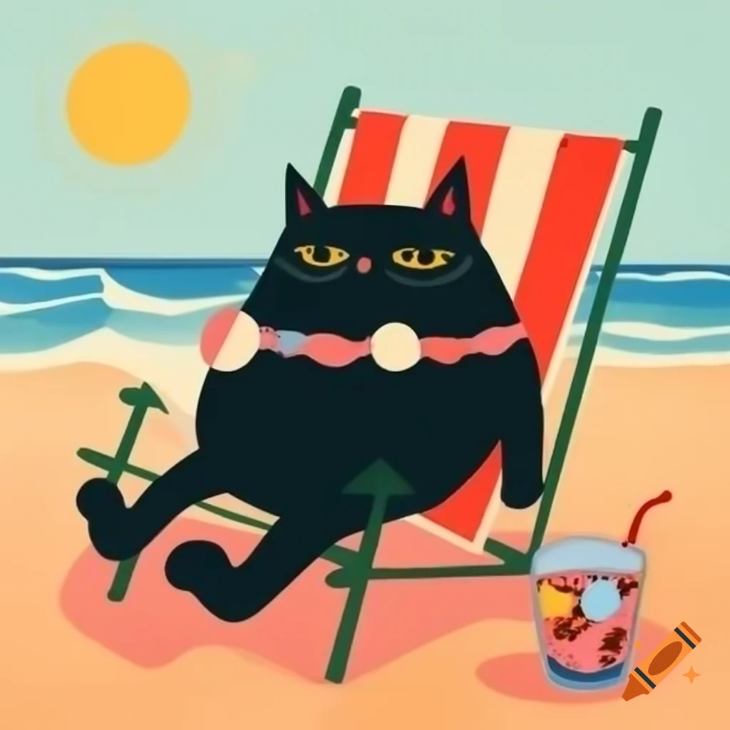 Cartoon black cat relaxing in beach chair with cocktail drink