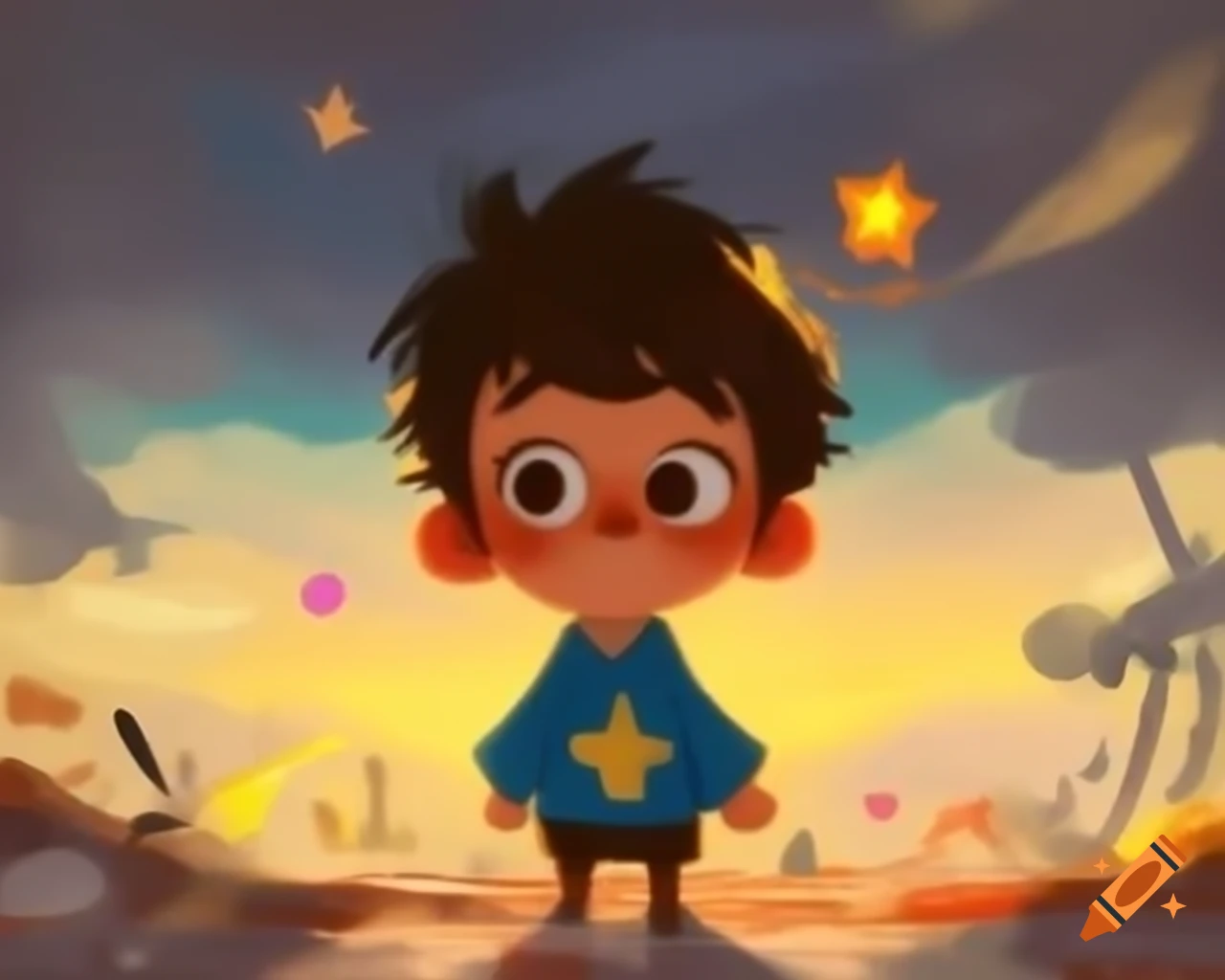 Whimsical artistic interpretation of charming anime boy