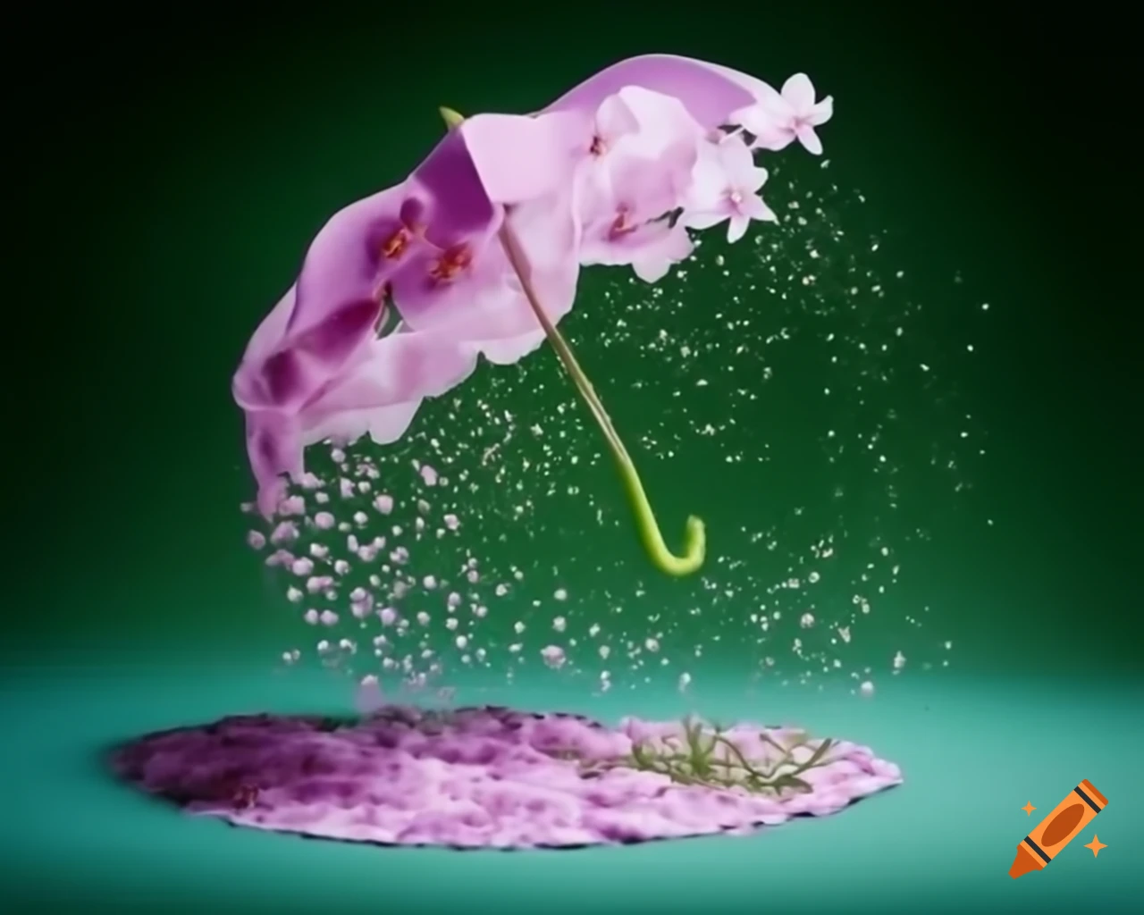 Silken umbrella resembling flower petals adorned with colorful orchids