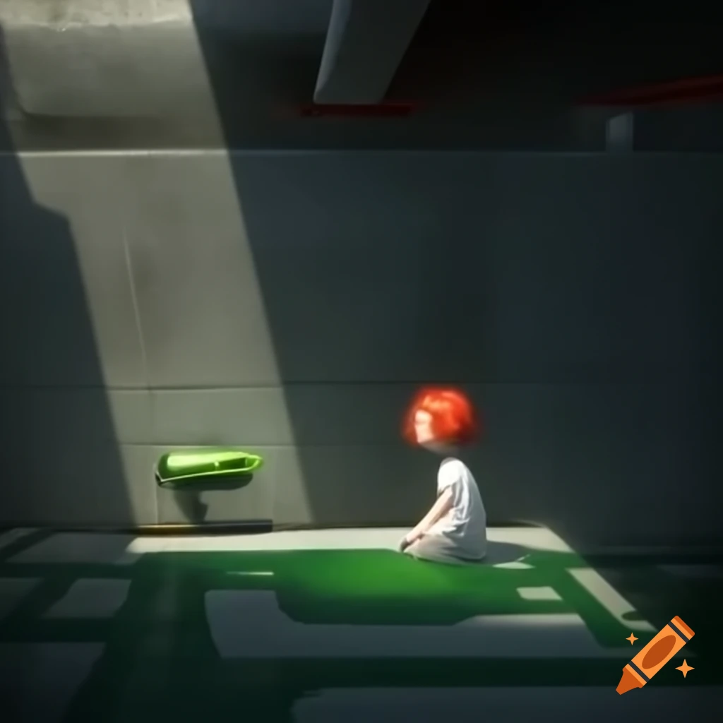 Red-haired girl in white clothes wandering through concrete basement labyrinth viewed from green security monitor