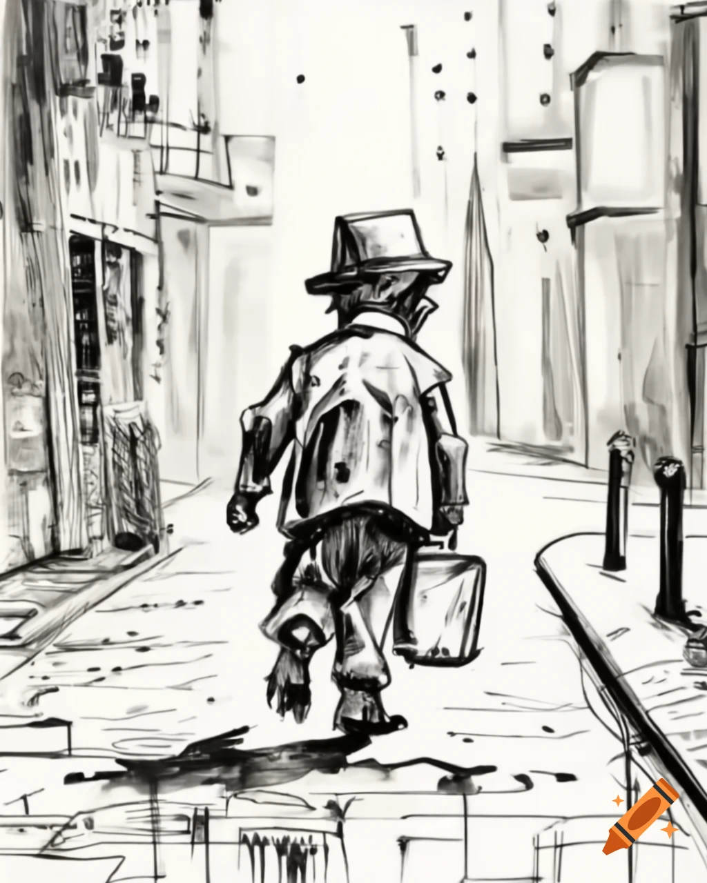 Synthetic cubist painting of Jack the Ripper walking down the street