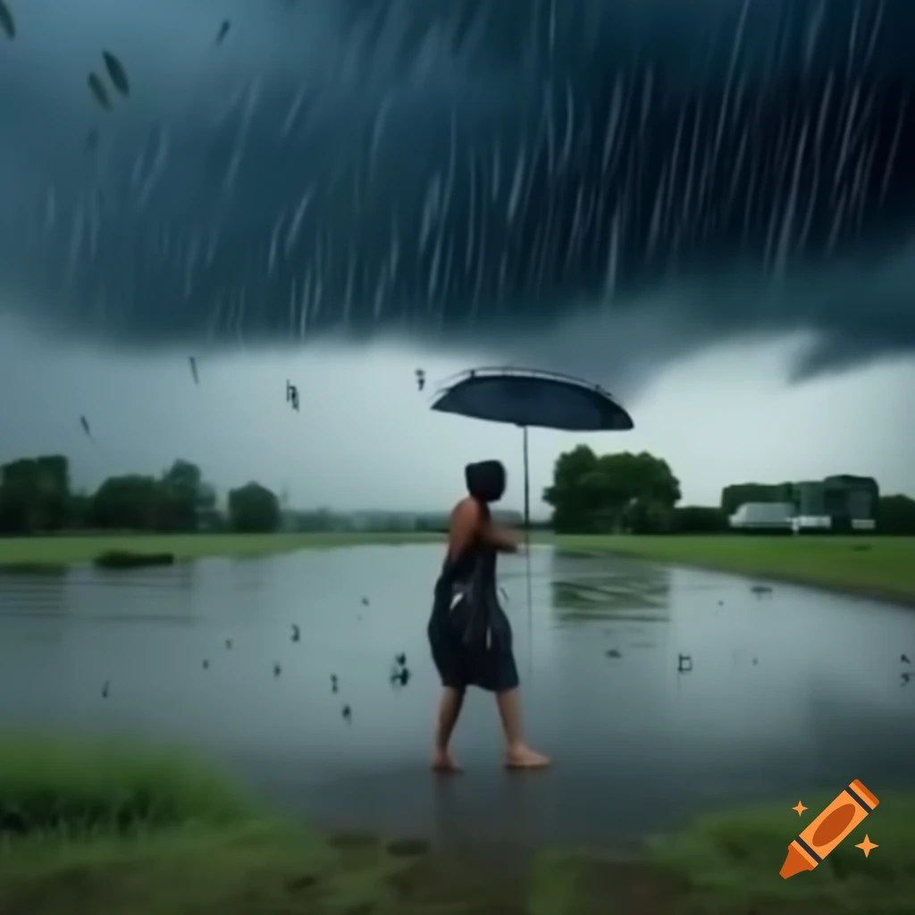 Heavy rainfall creating a dramatic atmosphere