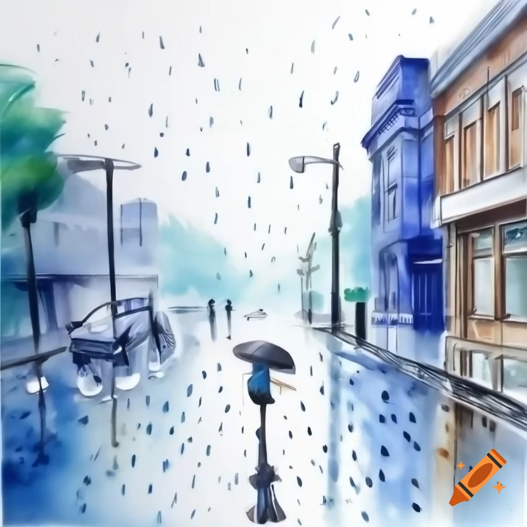 Drawing of girl on rainy street with buildings on both sides
