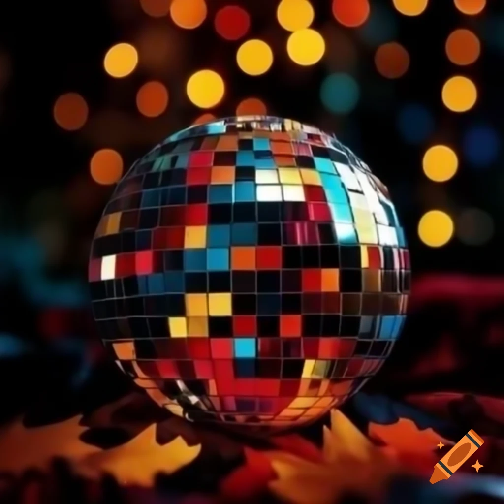 Disco ball shimmering in autumn colors with dark blurred background and bokeh effect