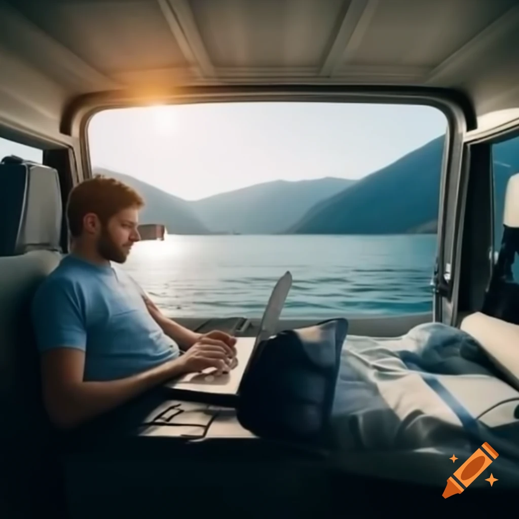 Man working on laptop in van with lake view through open doors