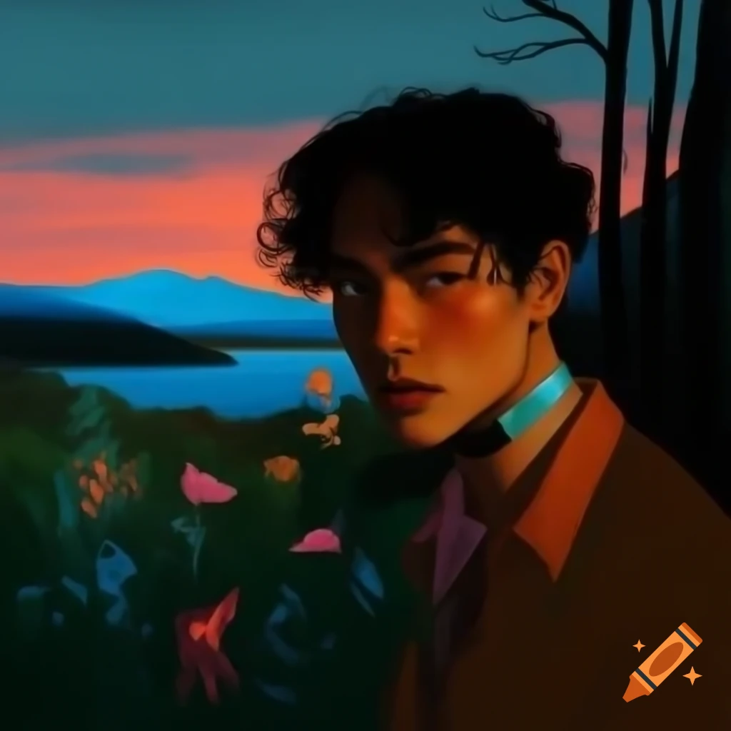 Man in botanical nature by lake at dusk with neon details, high-definition