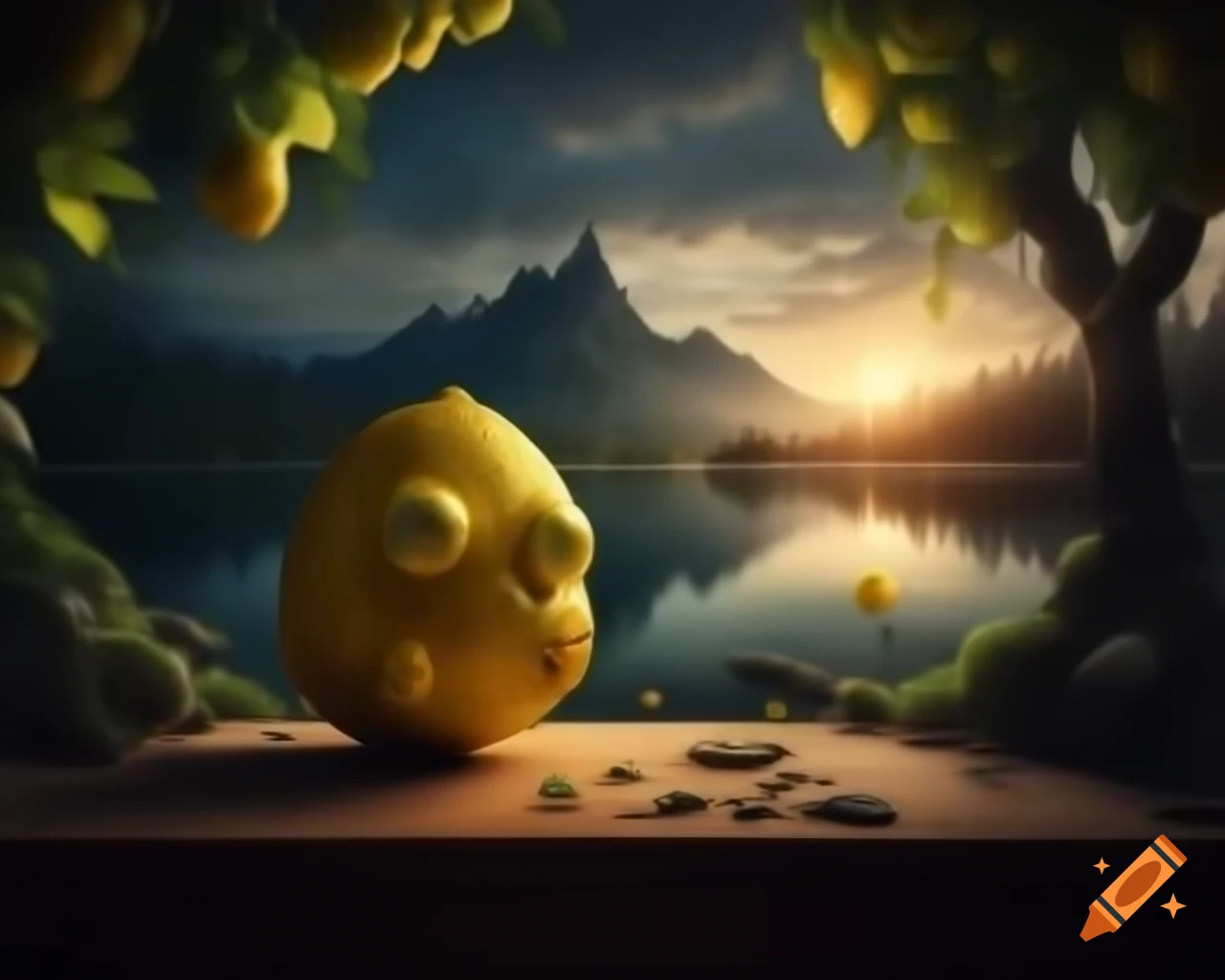 Surreal lemon monster sculpture in 3D rendering