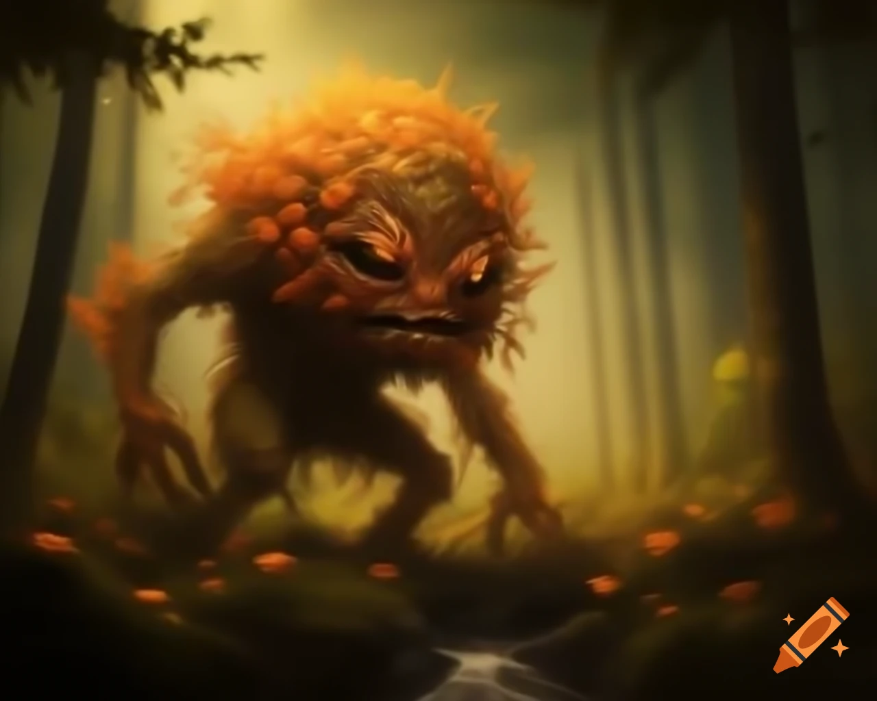 Realistic depiction of an orange tree monster in warm colors