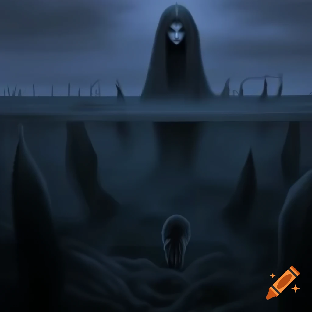 Gothic world with mythological creatures by ancient sea in twilight