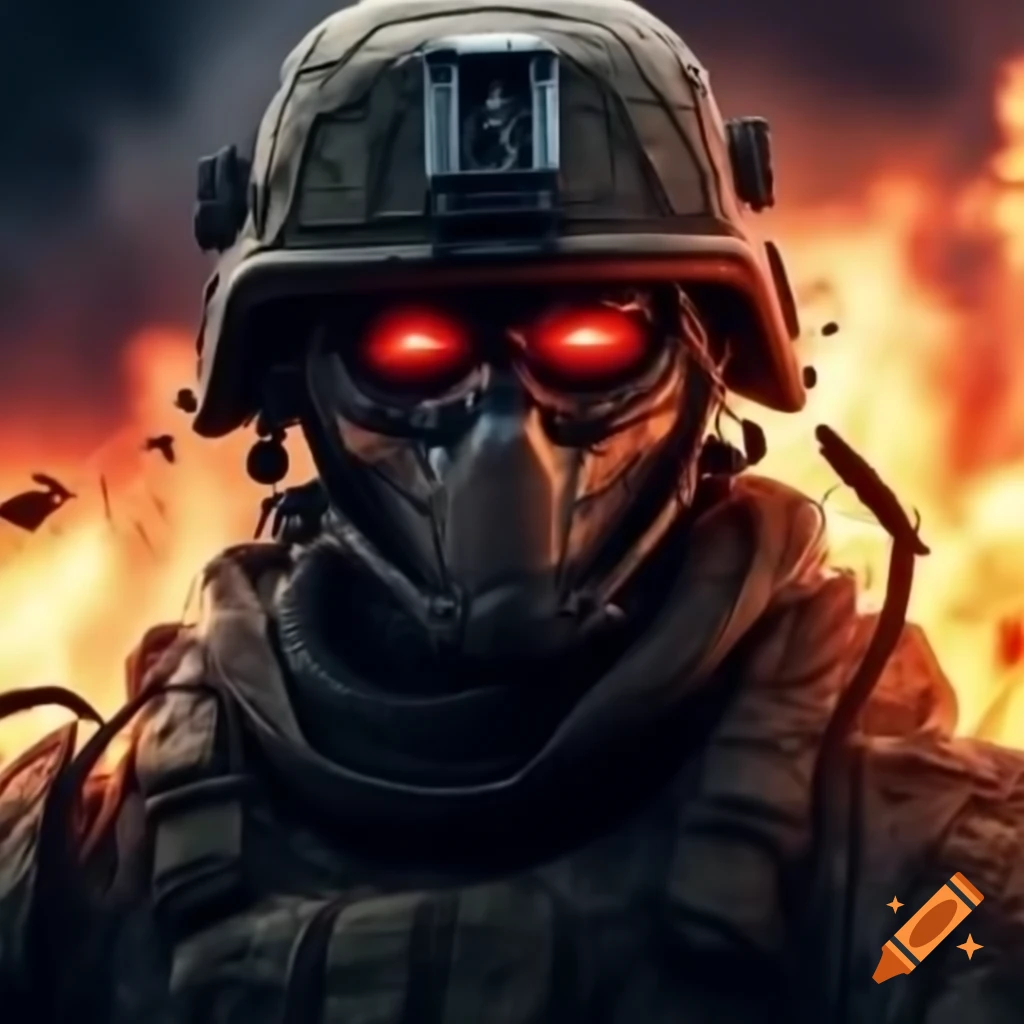 Soldier with glowing red eyes smiling with explosions in the background