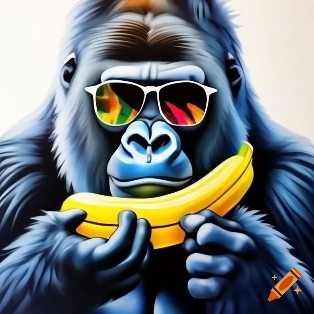 Realistic drawing of gorilla with sunglasses holding banana