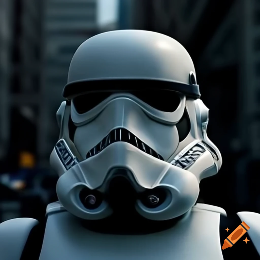 Close-up of Stormtrooper helmet reflecting orange light in city street
